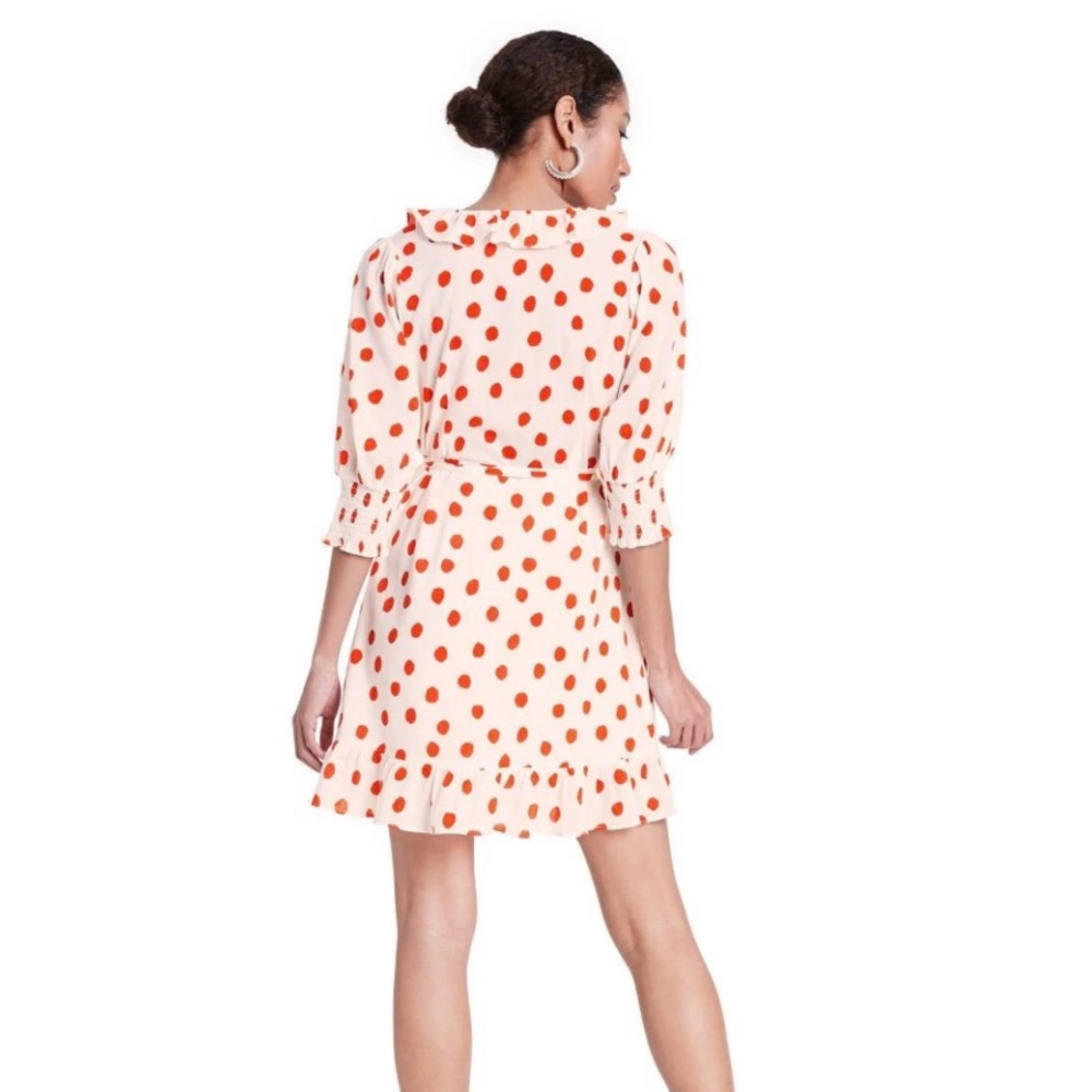 RIXO Polka Dot Ruffle Wrap Dress - Cream with Dots sz XS - Picture 3 of 11